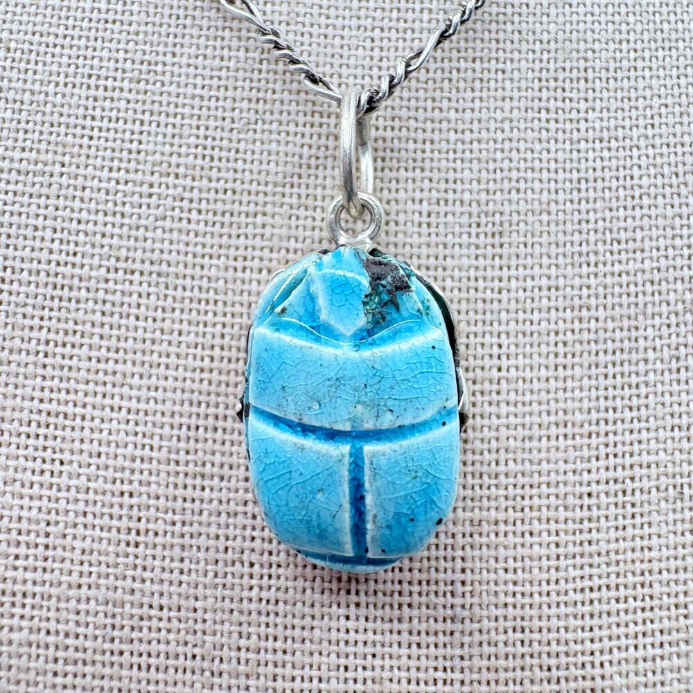 Turquoise Carved Scarab Pendant Necklace Sterling Silver 925 Size 15.5" Length - Picture 4 of 16